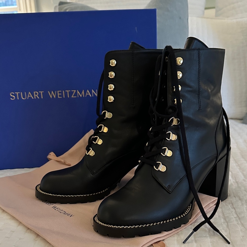 Stuart Weitzman Black Lace-Up Boots with Gold Accents
